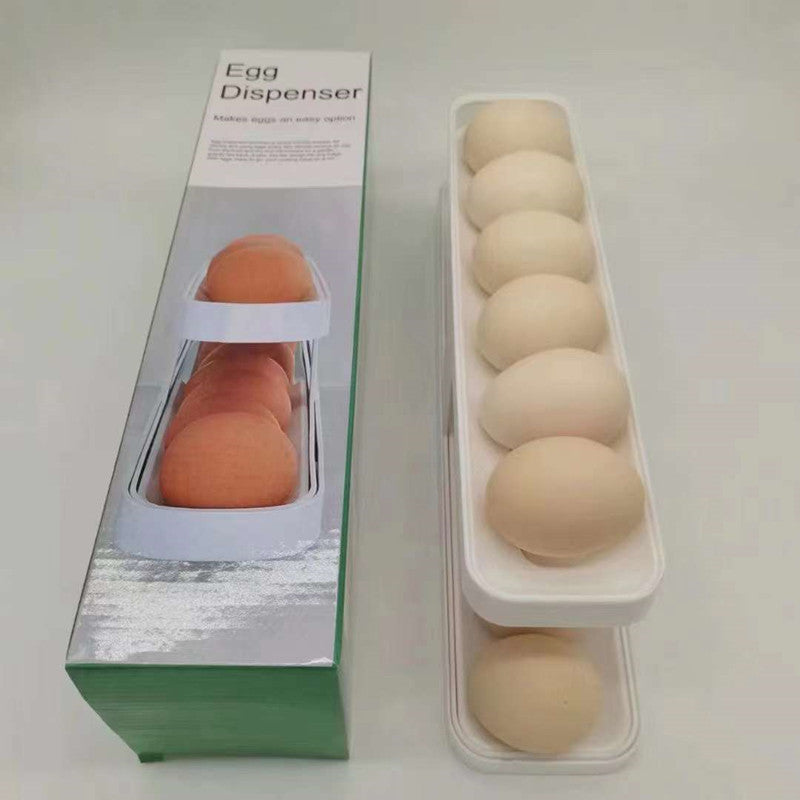 Rolling egg dispenser placed on a refrigerator shelf beside stored food