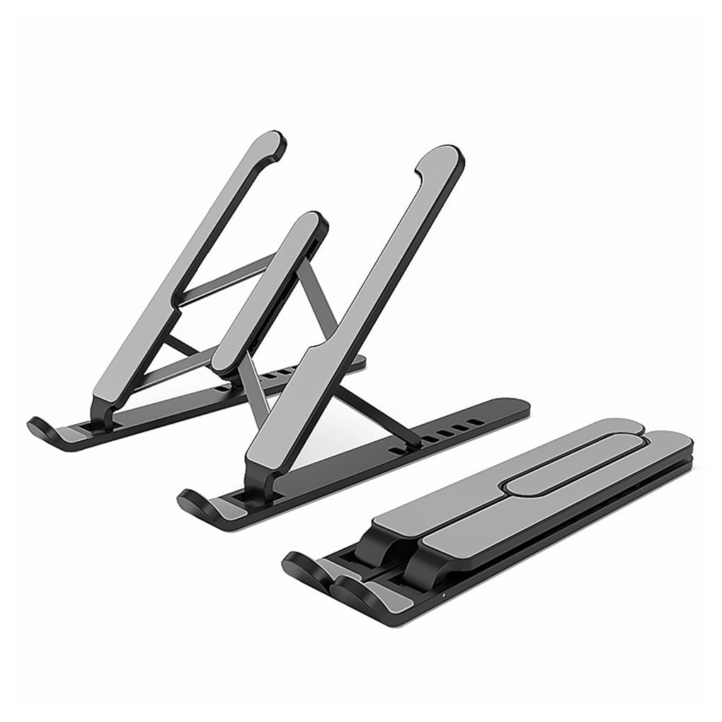 Black adjustable laptop stand shown open and folded