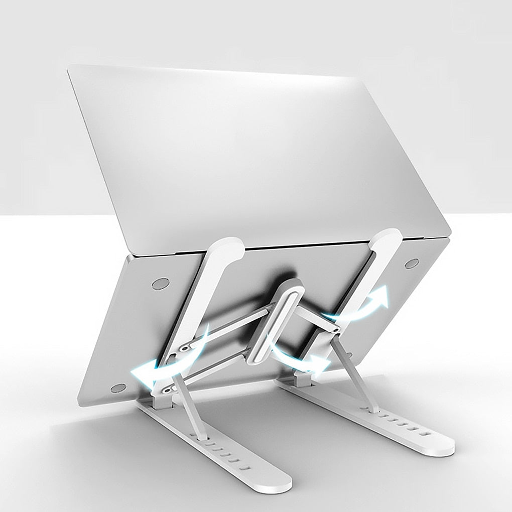 Rear view of silver laptop on white adjustable stand with hinge direction arrows