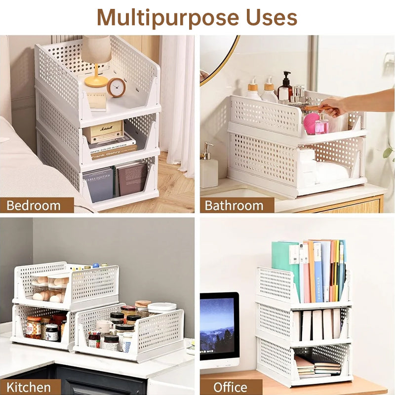 White foldable slide-out organizer bins used in bedroom, bathroom, kitchen and office