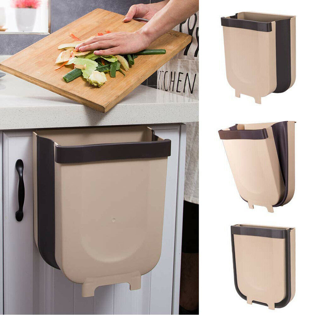 Brown 8L foldable cabinet-door trash bin shown in use and folded flat