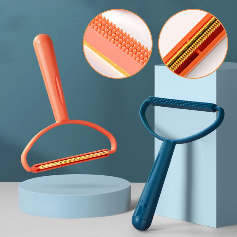 Blue and orange double-sided manual lint removers with close-up views of both textured edges