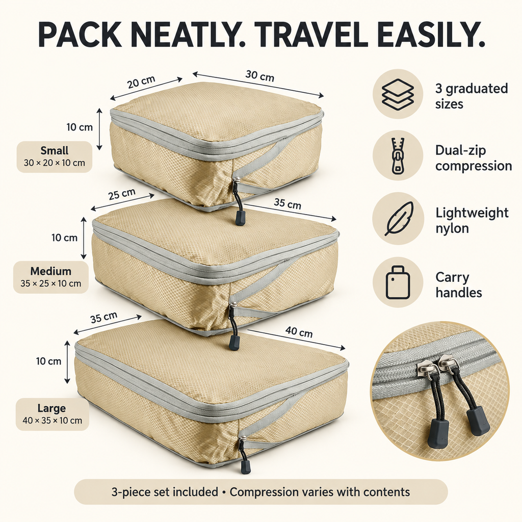 3-Piece Compression Packing Cubes Set for Travel and Luggage