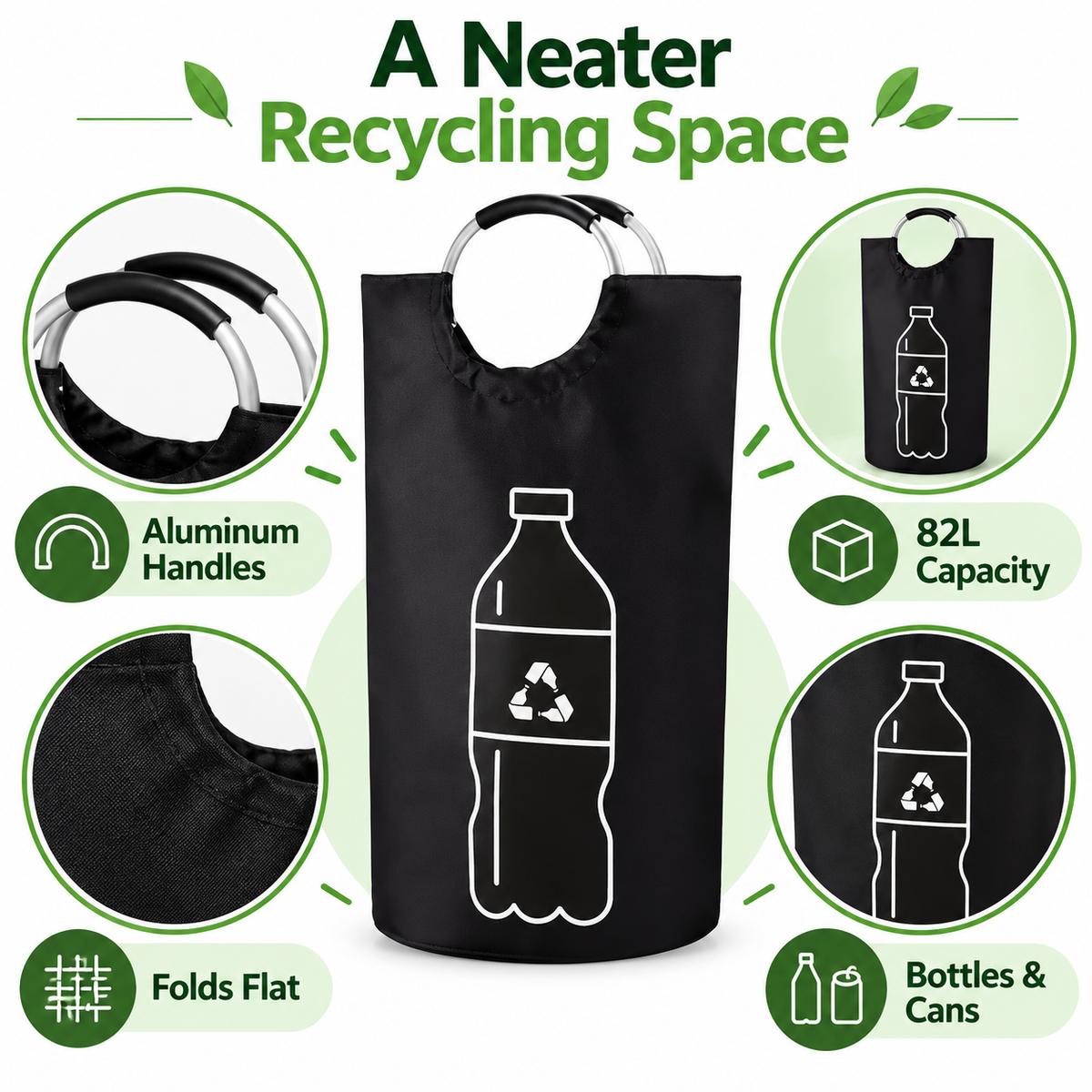 82L Foldable Bottle & Can Recycling Storage Bag Organizer