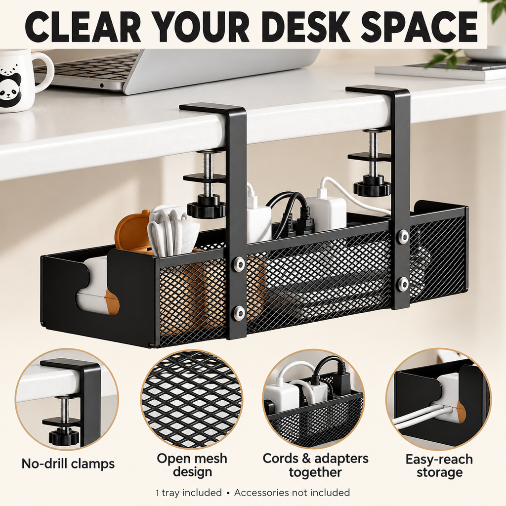 Clamp-On Under-Desk Cable Tray for Cable Management