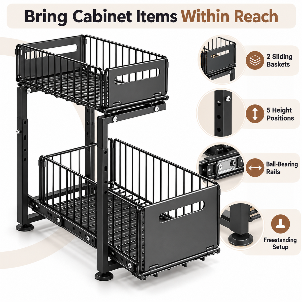 Adjustable 2-Tier Pull-Out Cabinet Storage Organizer