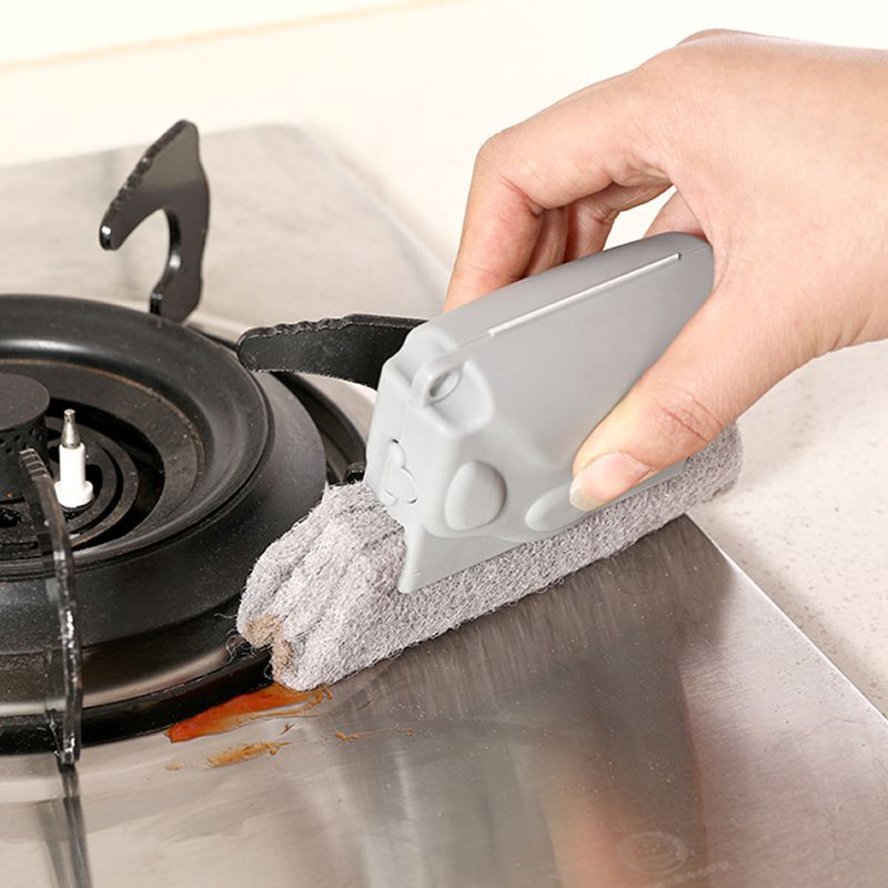 Slim scouring-pad head cleaning dust from a window track