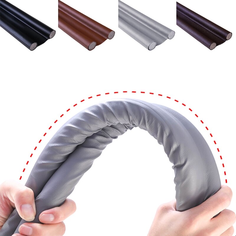 Flexible gray twin-tube door draft stopper bent by hand, with four color options shown