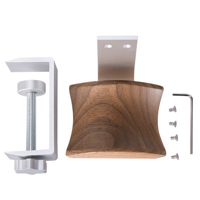 Walnut wood headphone hanger with silver clamp bracket and installation hardware