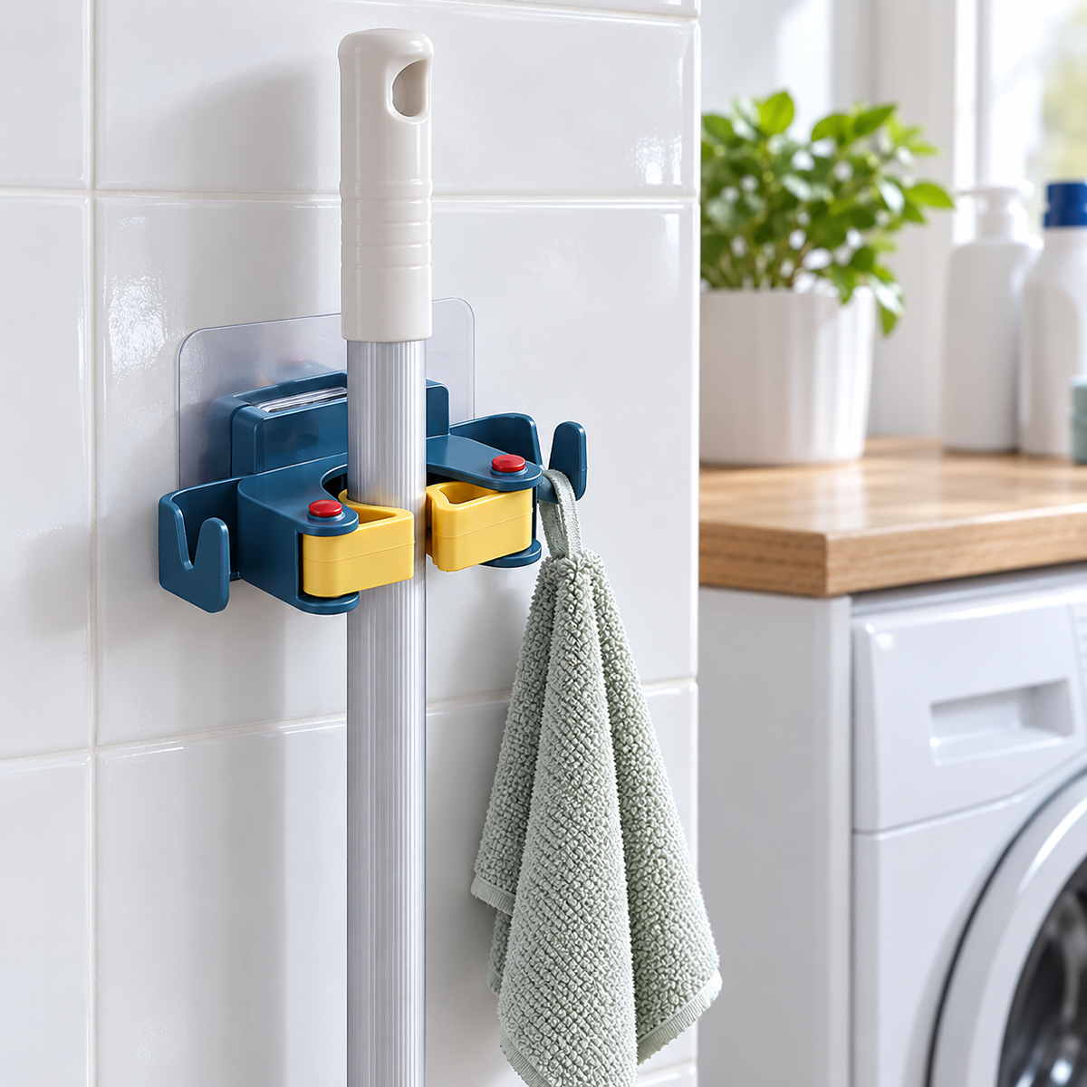 No-Drill Mop & Broom Wall Holder Clip with Adhesive Hook
