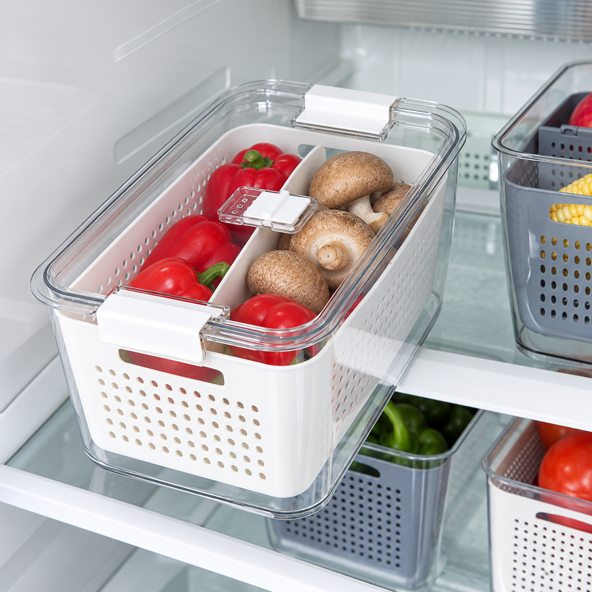 Vented Produce Crisper Container with Drain Basket