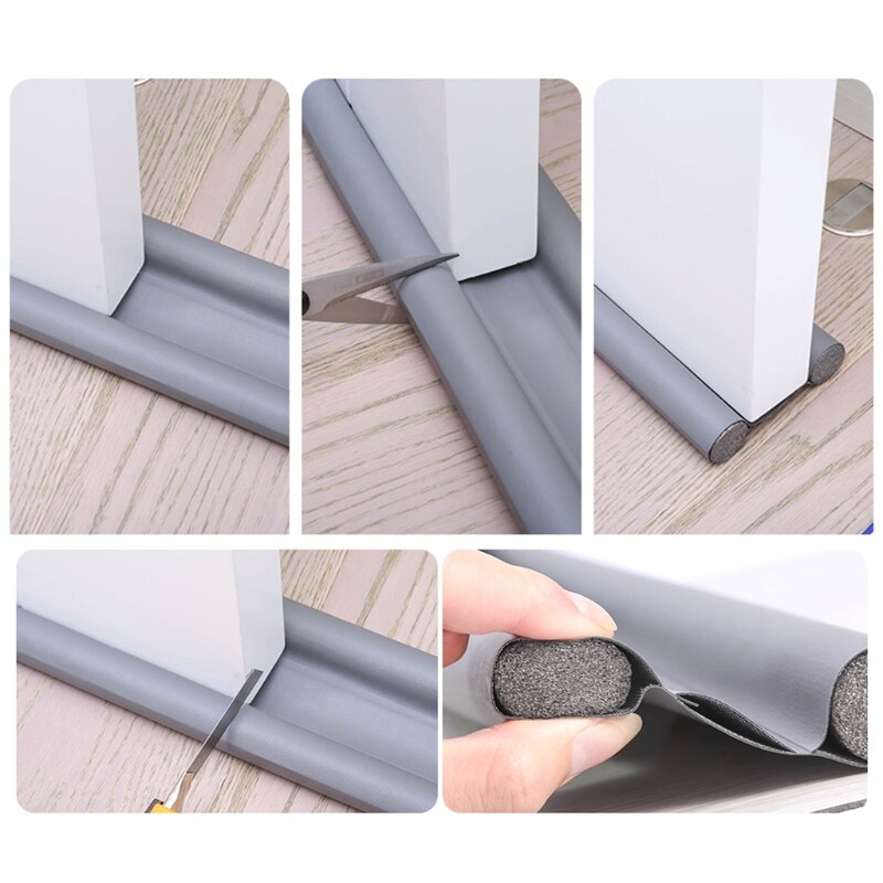 Gray twin-tube door draft stopper installation, trimming and foam-tube detail