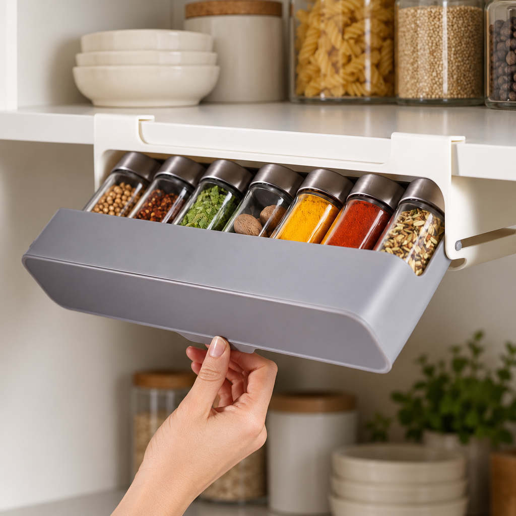 Pull-Out Under-Shelf Spice Organizer for Kitchen Cabinets