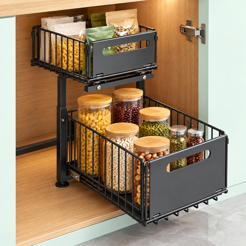 Adjustable 2-Tier Pull-Out Cabinet Storage Organizer