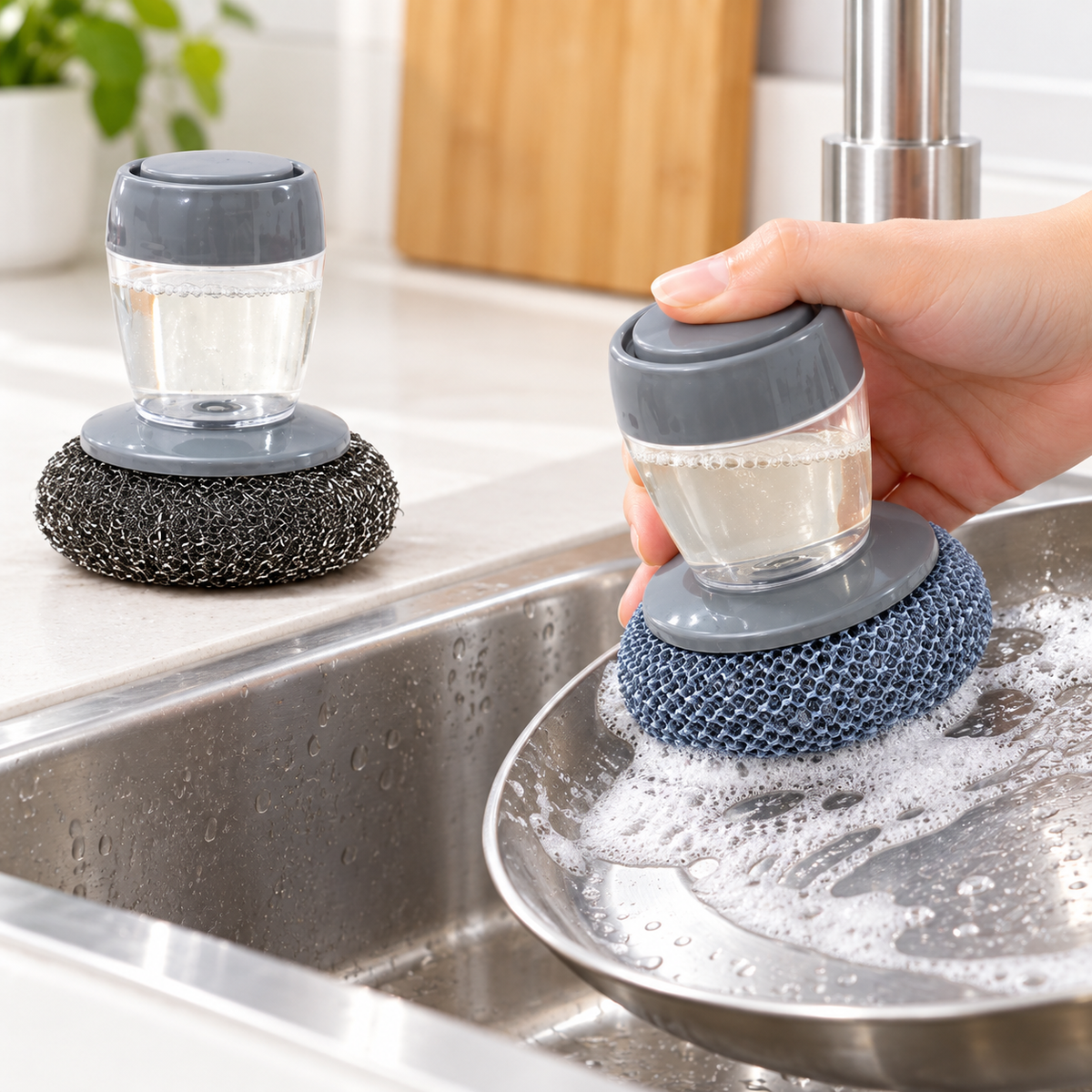 Dual-Surface Soap-Dispensing Palm Dish Brush Set