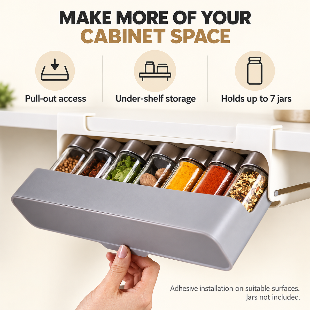 Pull-Out Under-Shelf Spice Organizer for Kitchen Cabinets