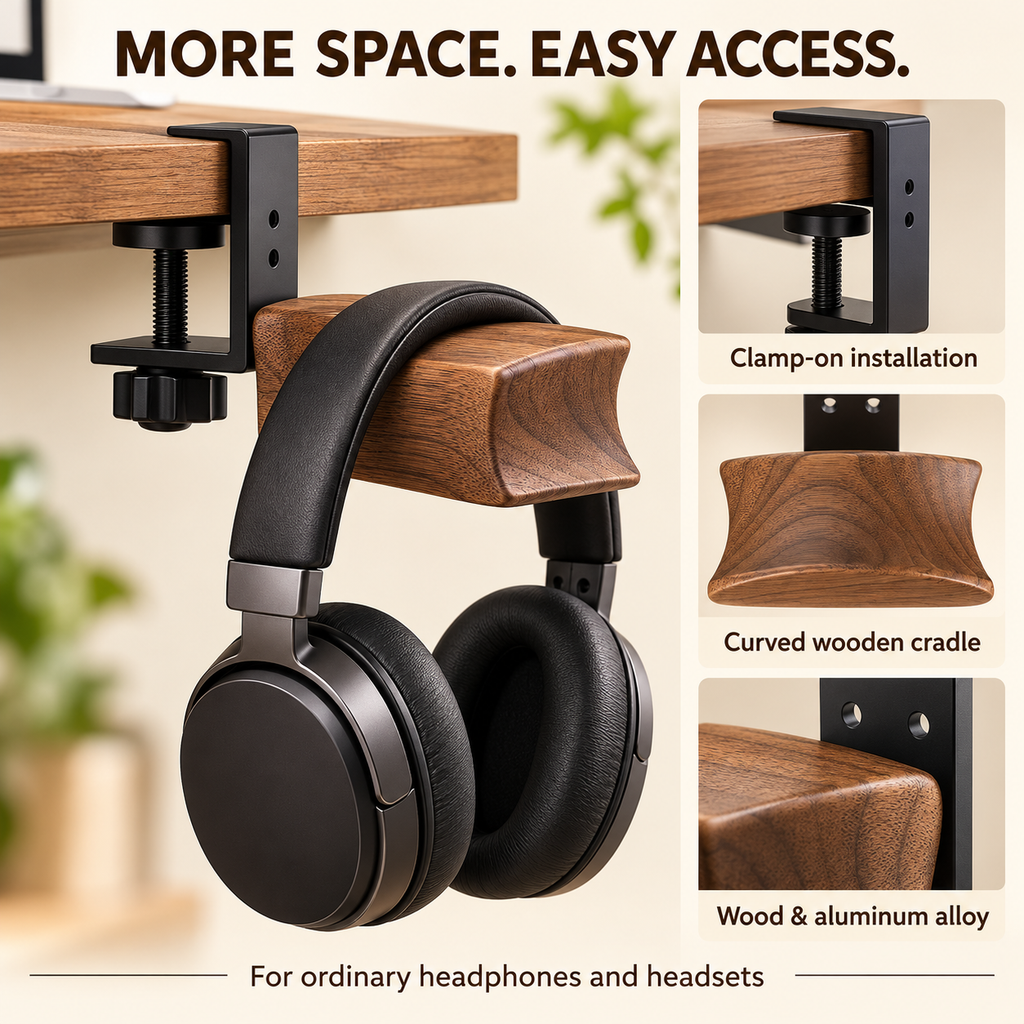 Clip-On Wood & Aluminum Headphone Hanger for Desk & Office