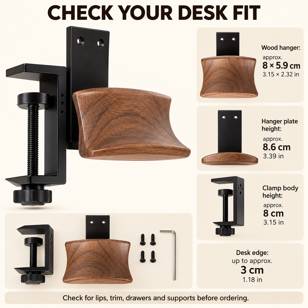 Clip-On Wood & Aluminum Headphone Hanger for Desk & Office