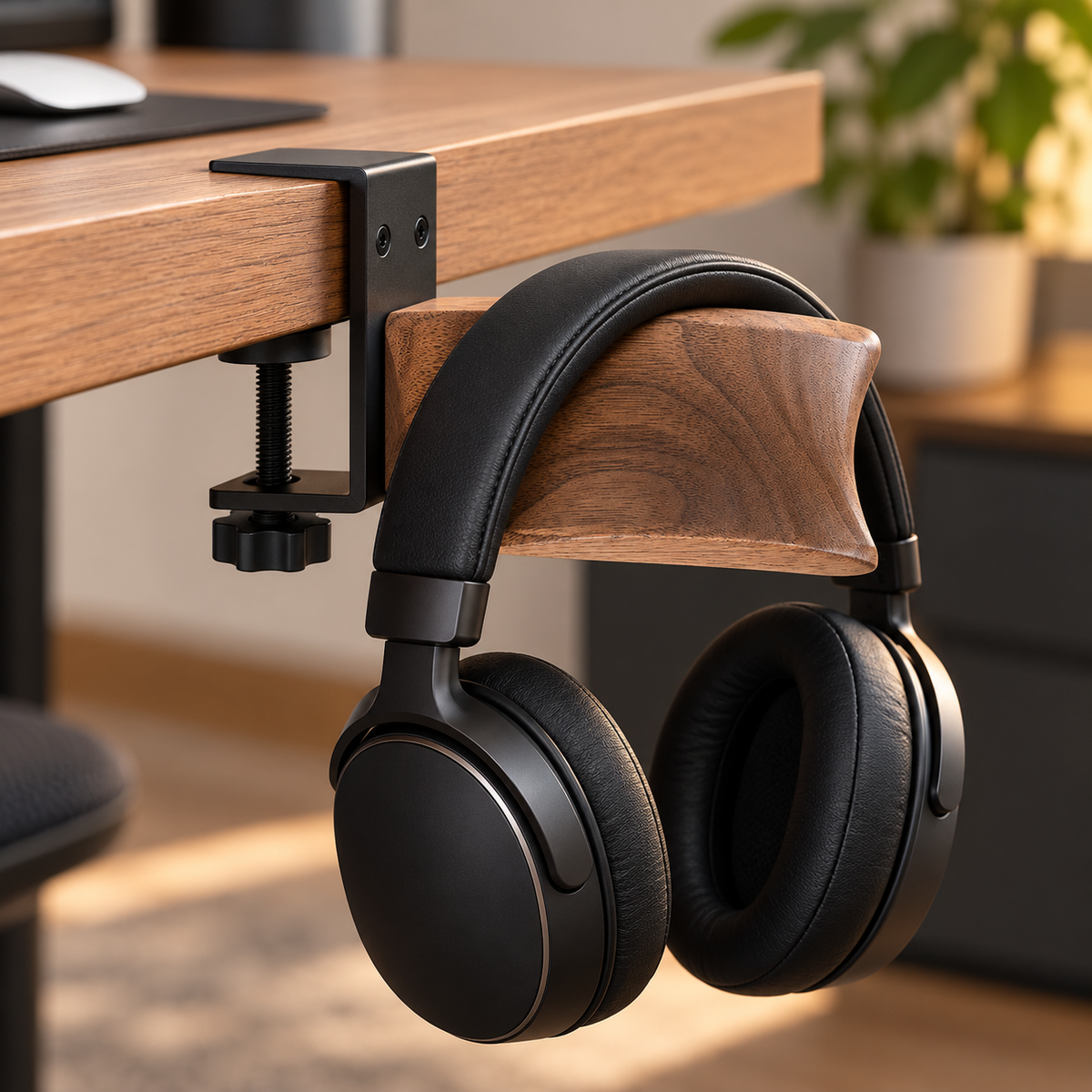 Clip-On Wood & Aluminum Headphone Hanger for Desk & Office