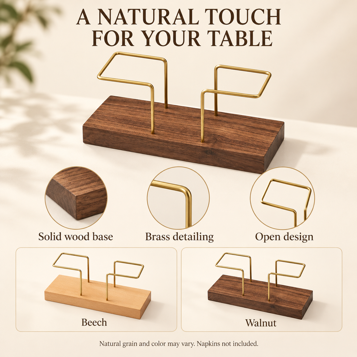 Solid Wood & Brass Tabletop Napkin Holder in Beech or Walnut