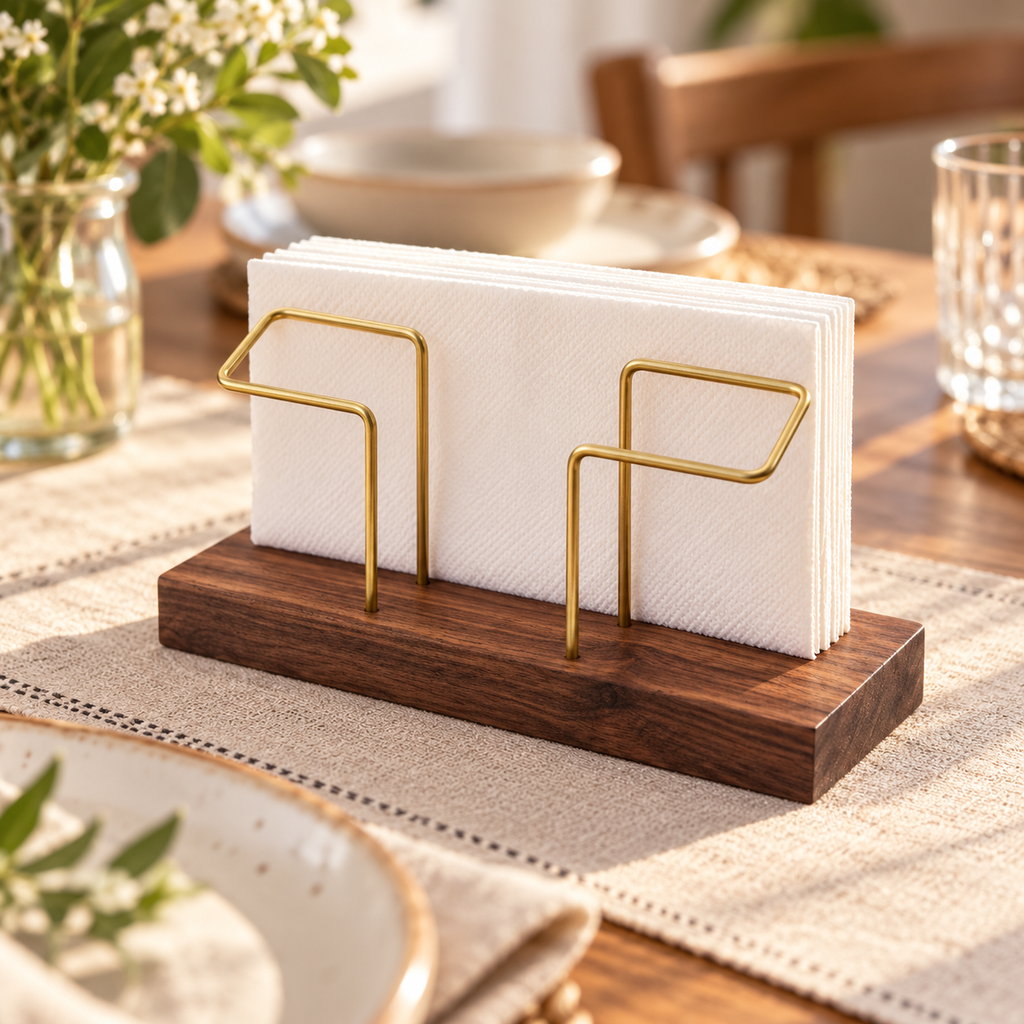 Solid Wood & Brass Tabletop Napkin Holder in Beech or Walnut