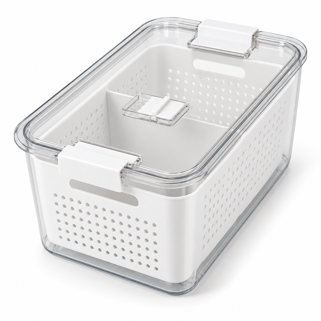 Vented Produce Crisper Container with Drain Basket
