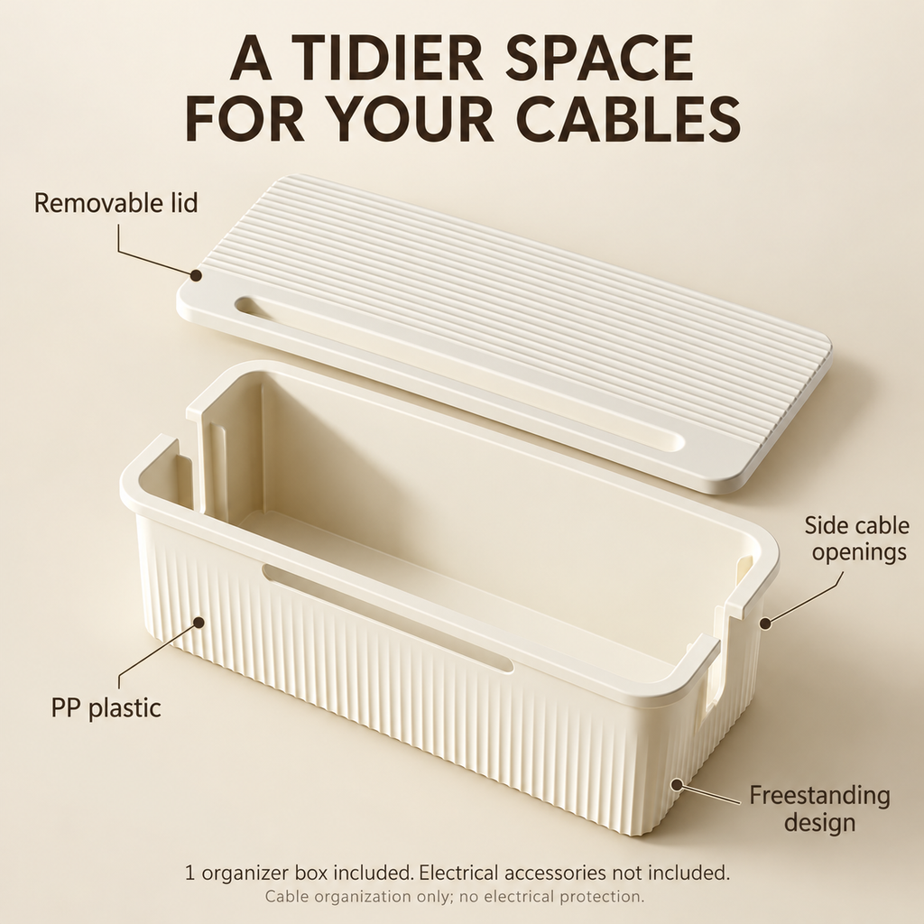 Desktop Cable & Power Strip Organizer Box for Home & Office