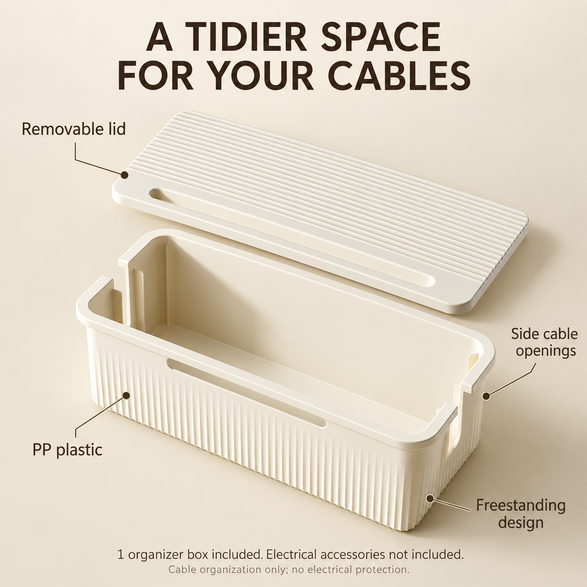 Desktop Cable & Power Strip Organizer Box for Home & Office