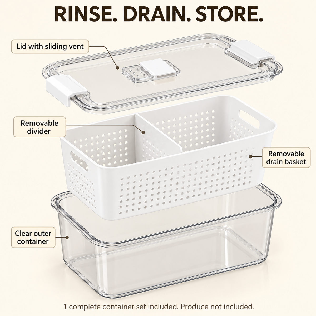 Vented Produce Crisper Container with Drain Basket