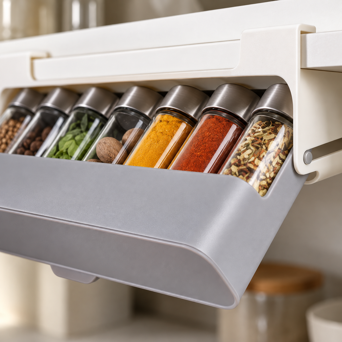 Pull-Out Under-Shelf Spice Organizer for Kitchen Cabinets
