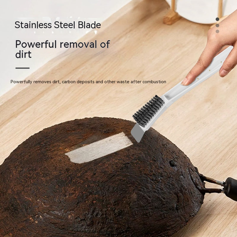 Crevice scrub and scraper brush demonstrated on cookware residue