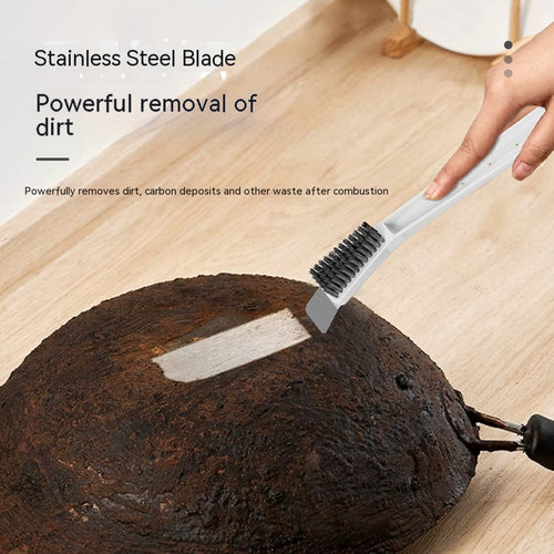Crevice scrub and scraper brush demonstrated on cookware residue