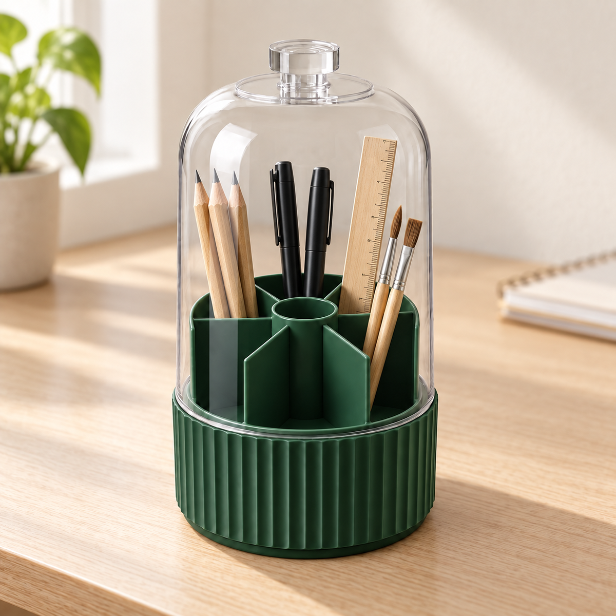 Dark green covered organizer holding pencils and pens on a home office desk