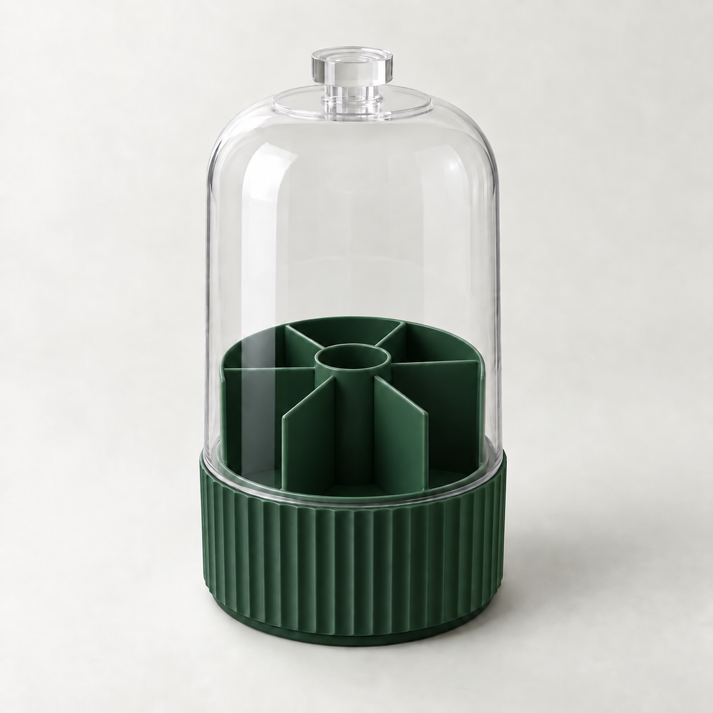 Dark green covered rotating brush and desk organizer with clear PET cover