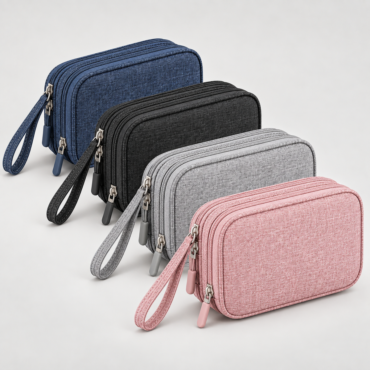 Double-layer travel tech organizers in navy, black, gray, and pink