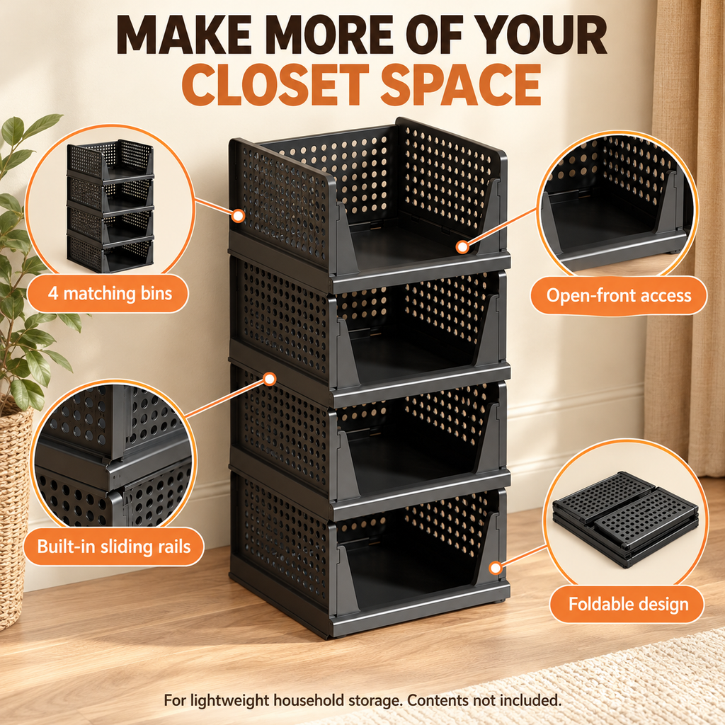 4-Pack Foldable Slide-Out Closet Storage Organizer Bins