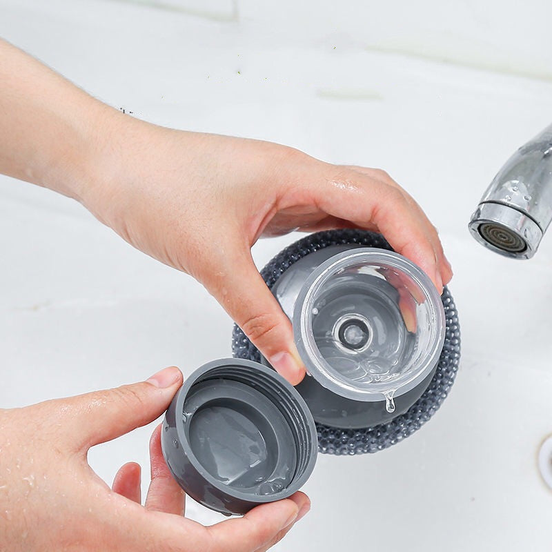 Refillable reservoir of a gray soap-dispensing palm brush