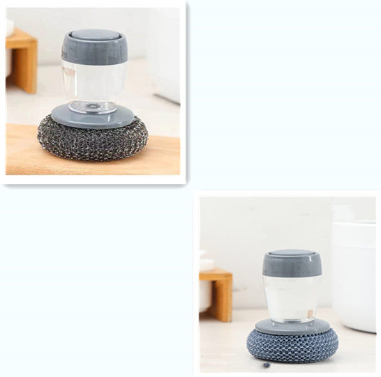 Two gray soap-dispensing palm scrubbers with different cleaning surfaces
